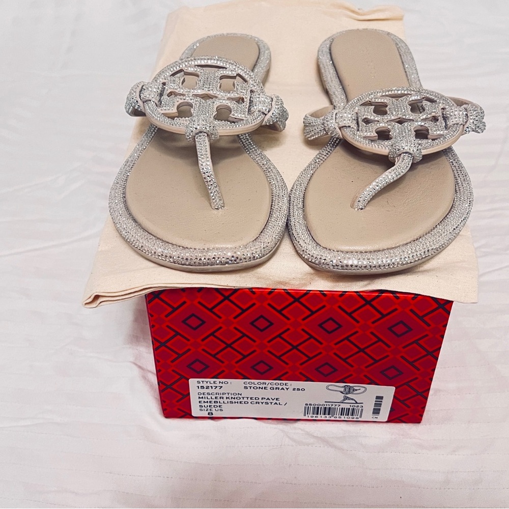 Tory Burch Crystal-Embellished Thong Sandals in Stone Gray